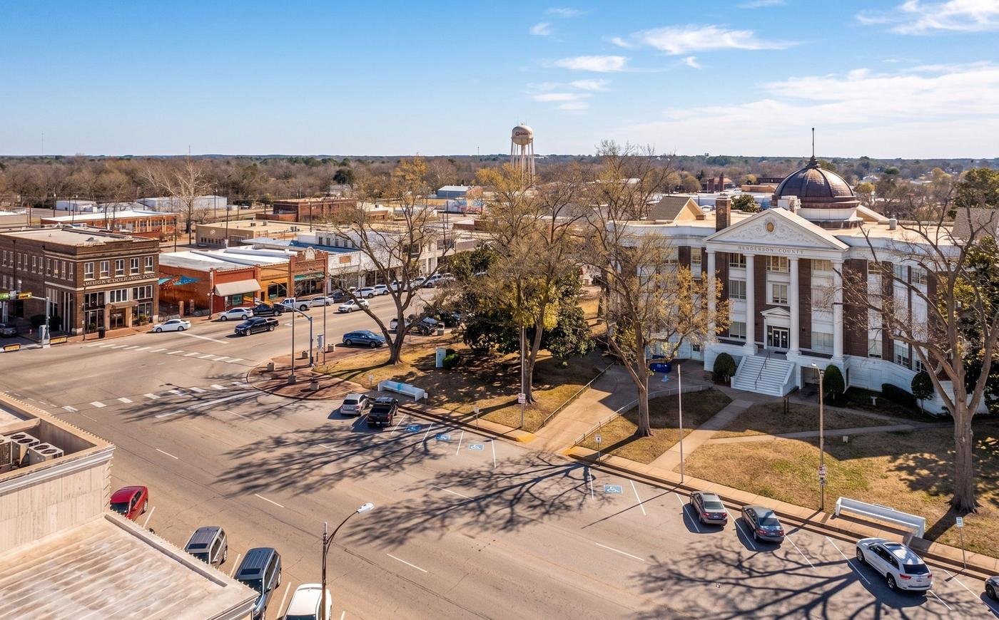 Aerial view of the Henderson County courthouse and downtown Athens square
