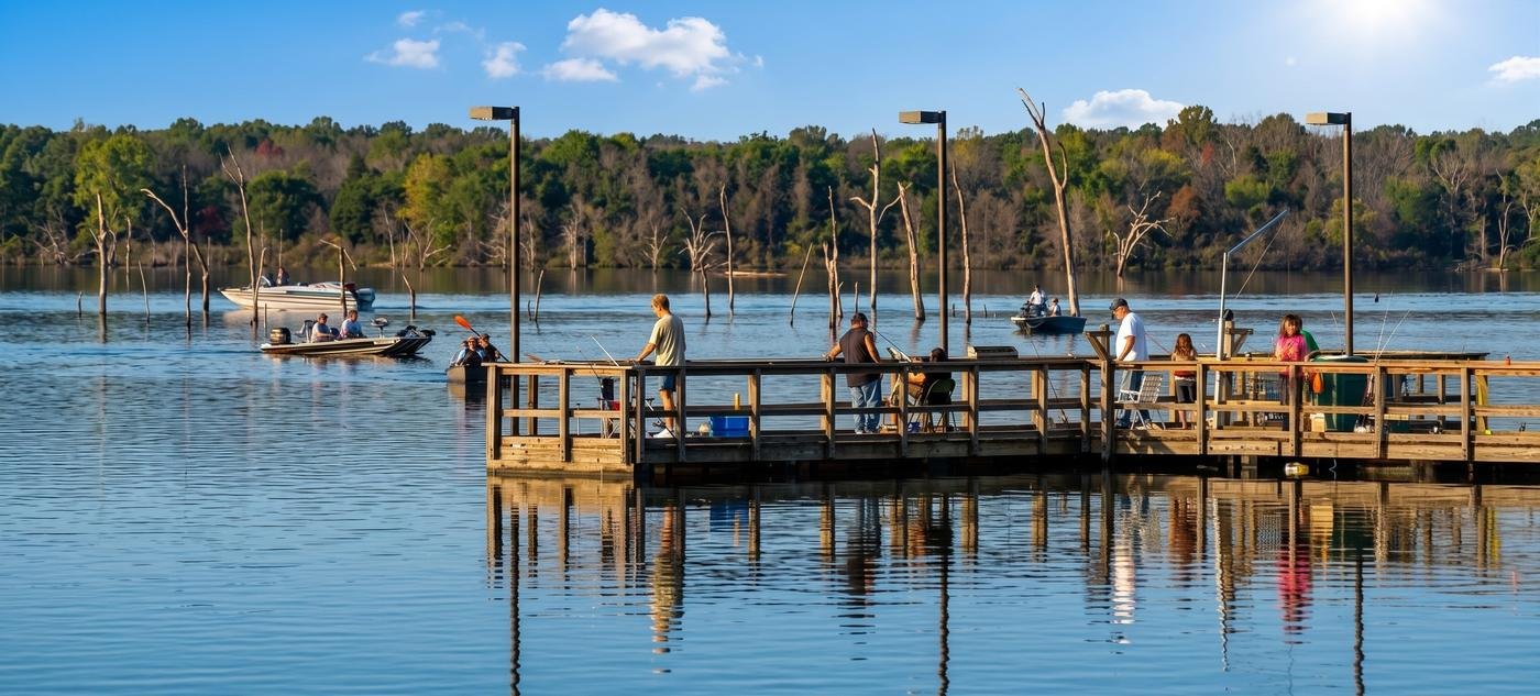 Anglers fishing from the pier at Purtis Creek State Park