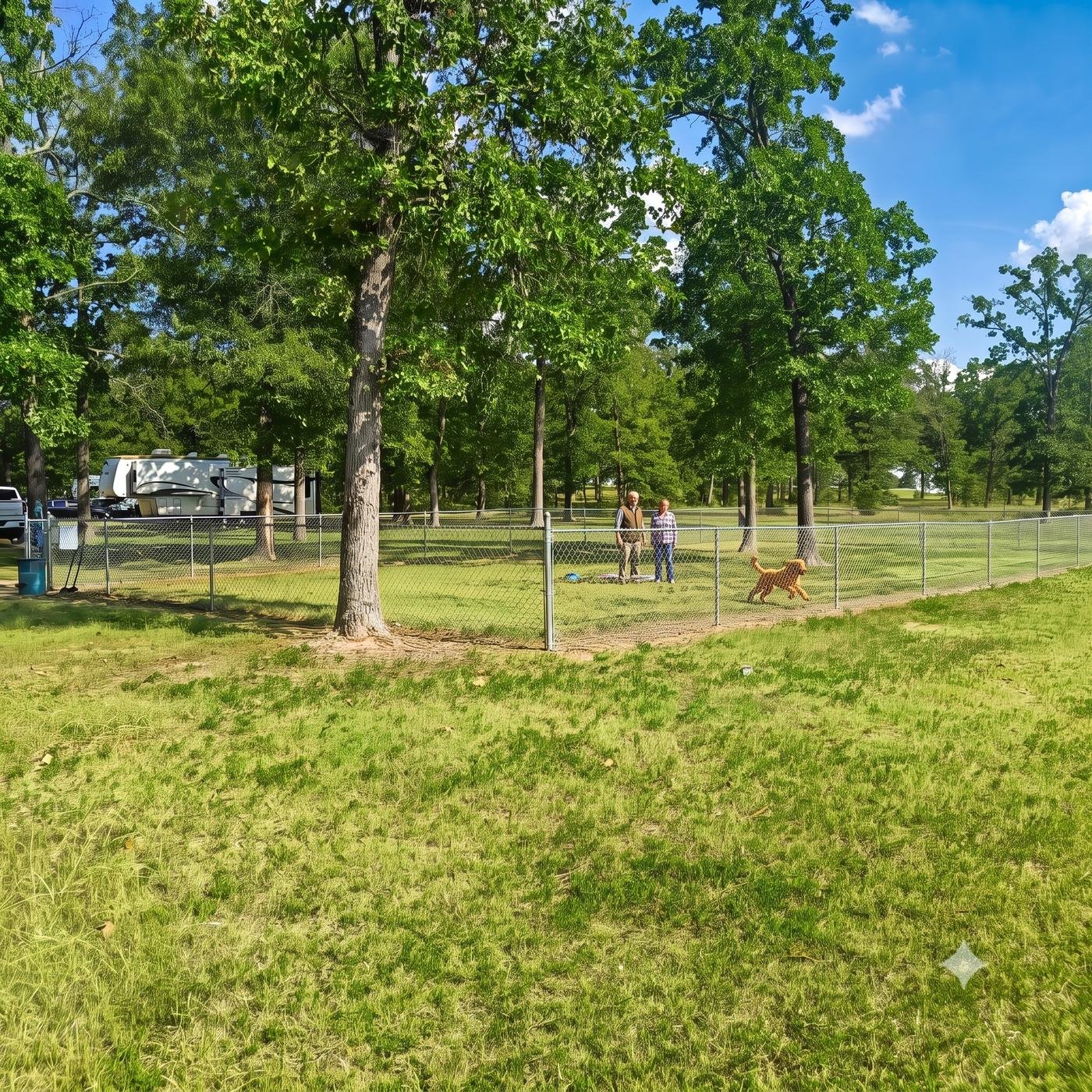 A dog off-leash in the fenced dog park with guests watching