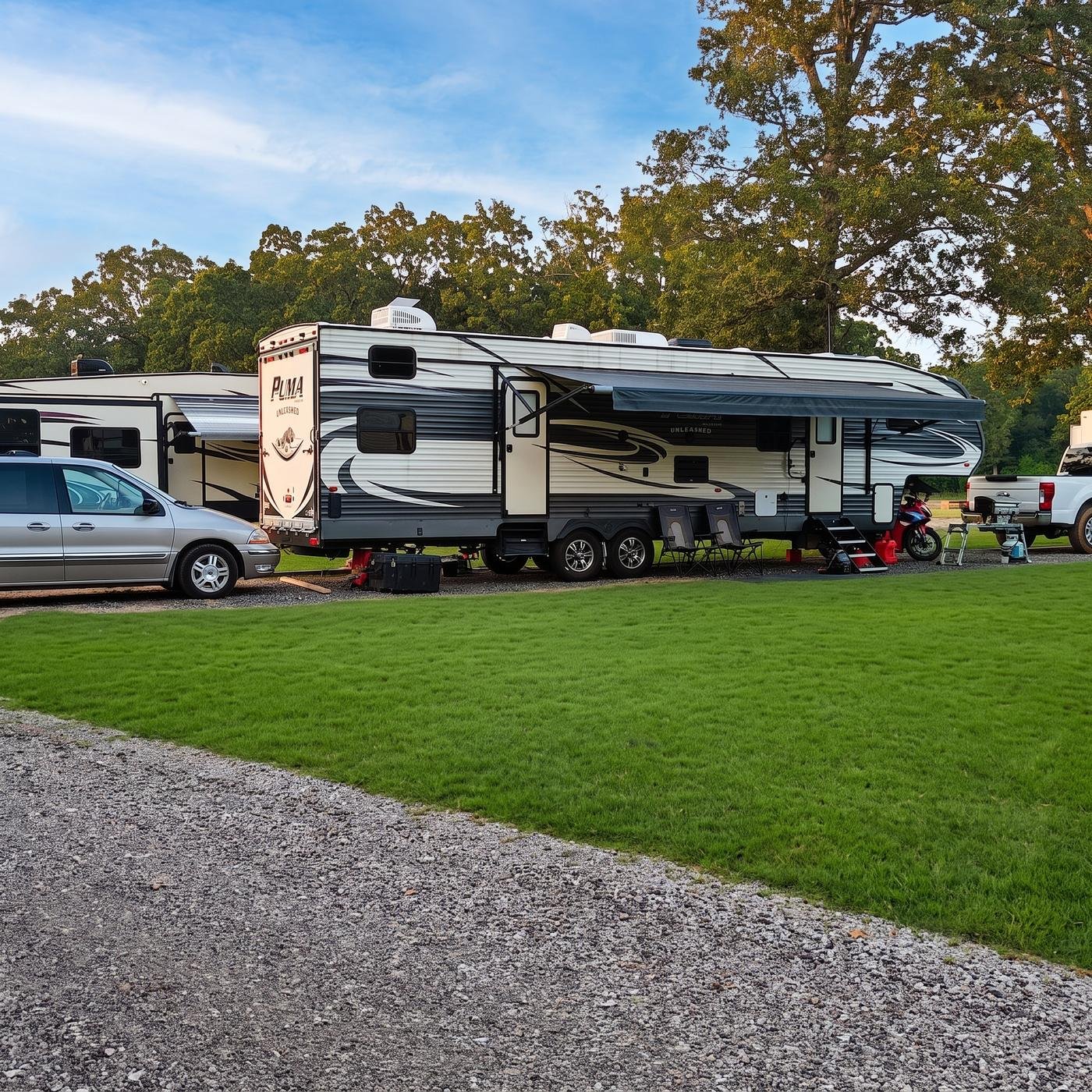 RV site with awning out and camp chairs set up