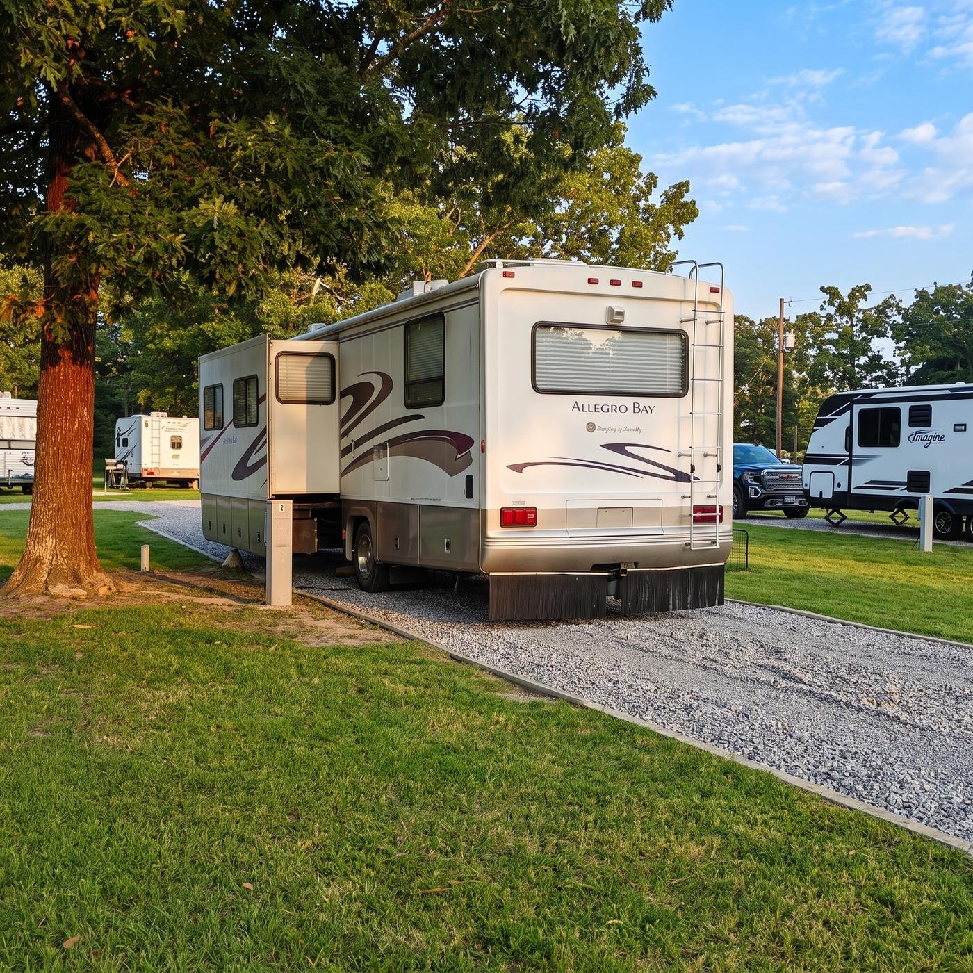 Motorhome parked on a gravel pad at dusk