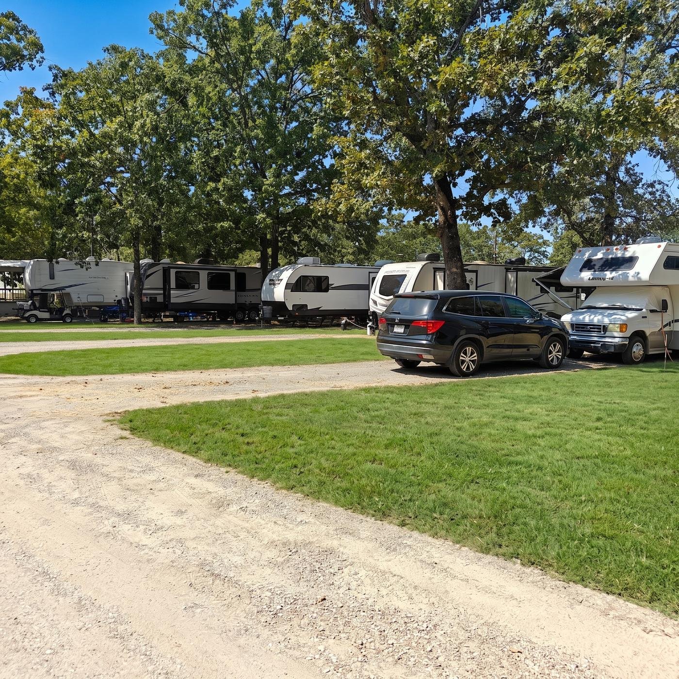 RVs parked under the oaks near the park office