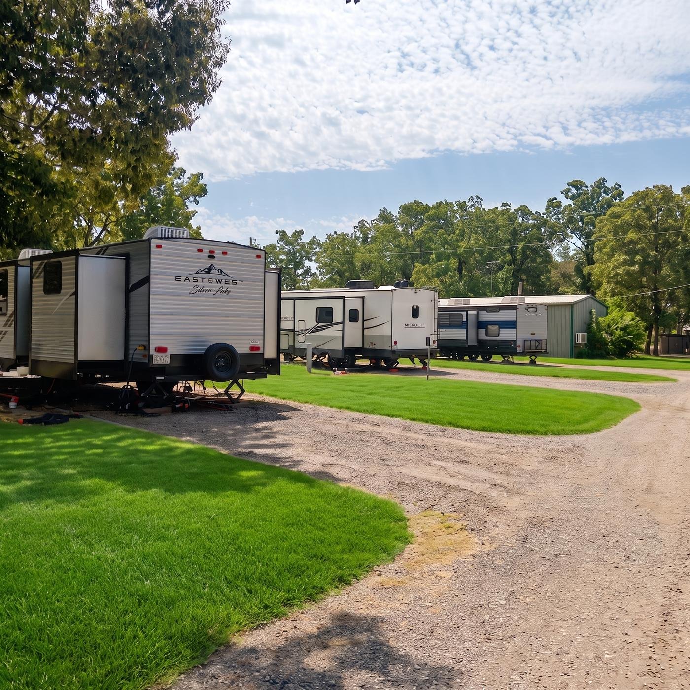 Travel trailer parked near the storage building